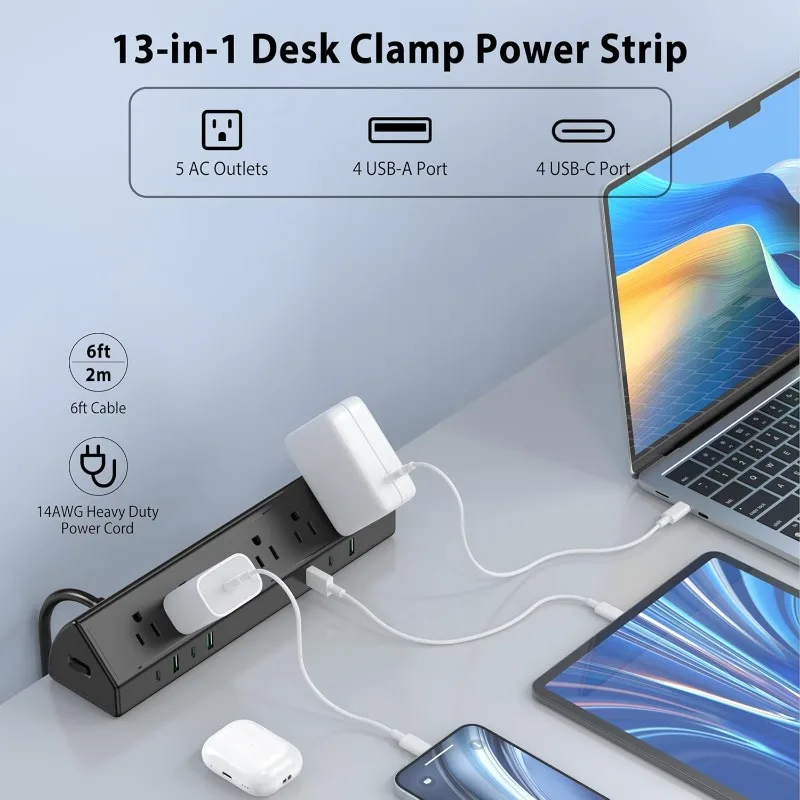 45W Fast Charging Station,Desk Clamp Power Strip,4 PD USB-C Ports,5 AC Outlets,Surge Protector Power Strip, 14AWG Heavy