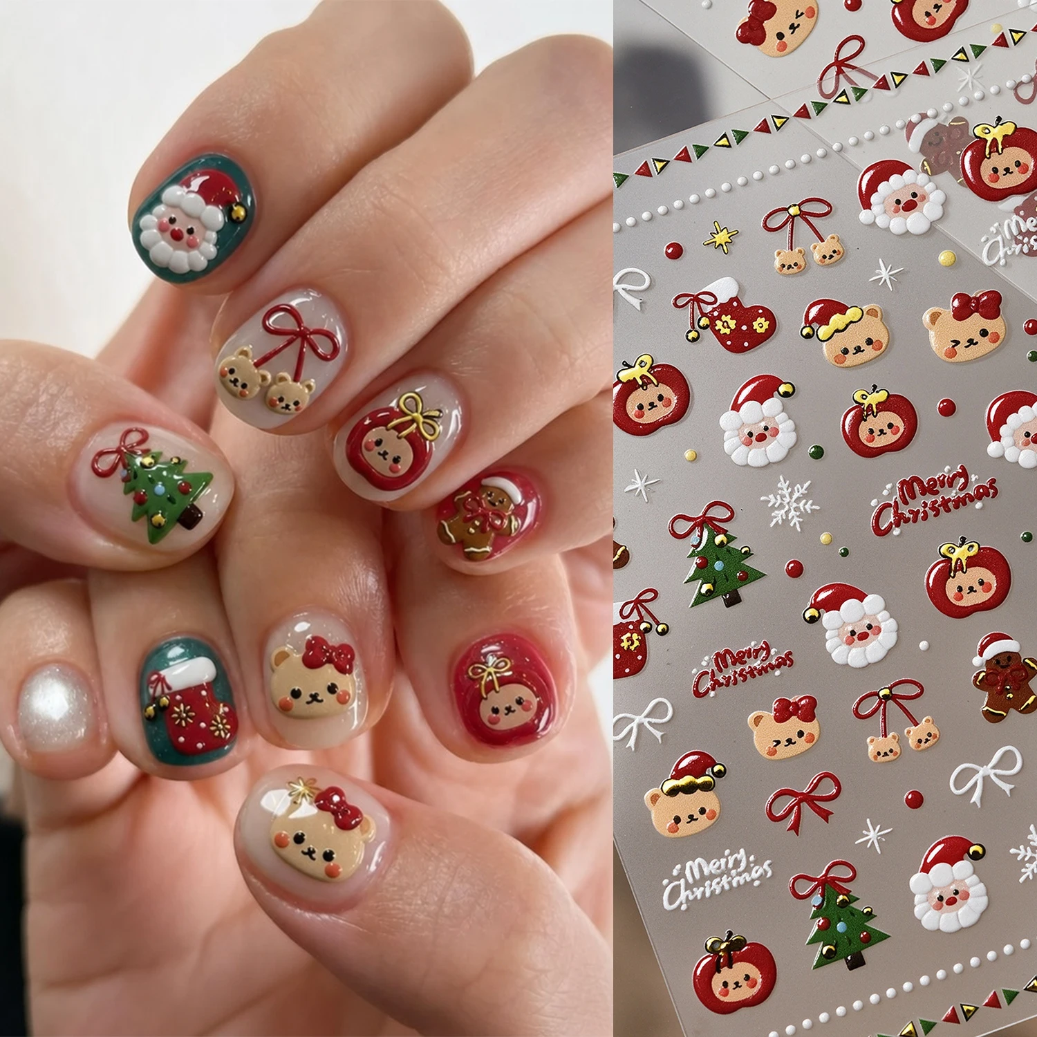 1Pcs 5D Embossed Christmas Nail Stickers Cute Santa Bear Tree Snowflake Bow Nail Decals Xmas Party Winter Holiday DIY Manicure *
