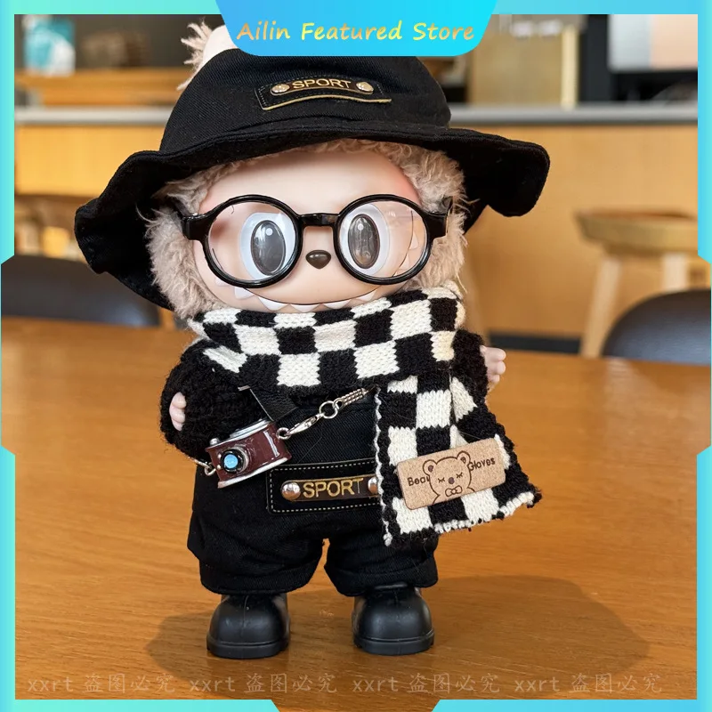 Para labubu roupas 17cm chapéu e cachecol conjunto elegante e na moda macacão xadrez roupa mudança acessório conjunto brinquedo hobbies legal