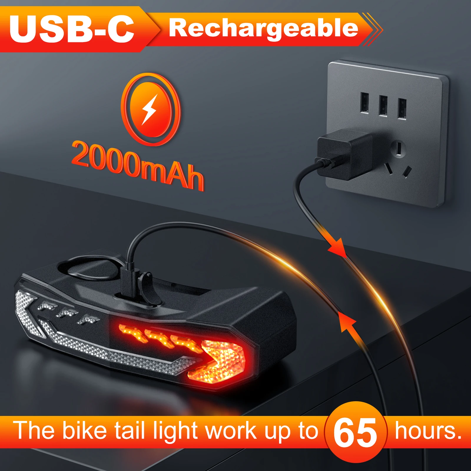 Rockbye Bicycle Tail Light with Alarm,  Wireless Remote Control Turning Lamp Type-C Rechargeable IP54 Waterproof Anti-Theft Lamp