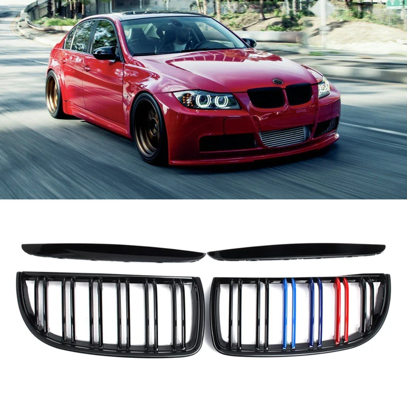 1 Pair Gloss Matt Black M Color 2 Line Front Kidney Grille Grill Double Slat For BMW E90 E91 3 Series 320i 325i 328i 2005-2008