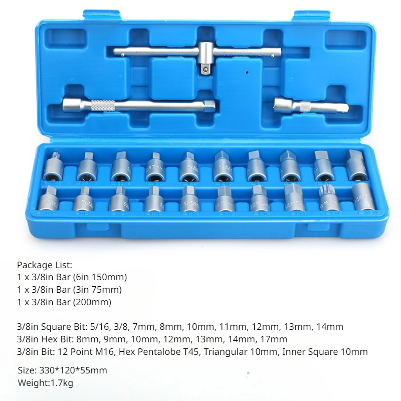 23Pcs 3/8inch Oil Drain Plug Removal Tool Oil Drain Sump Screw Sleeve Wrench Removal Kit Car Repairing Tool