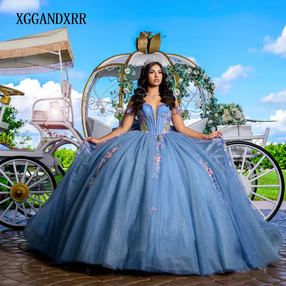 

Индивидуальное синее бальное платье с блестками для Quinceañera 2026, с 3D цветочными аппликациями, бисером и бантом, для Sweet 16, Vestidos De 15 Anos, на день рождения