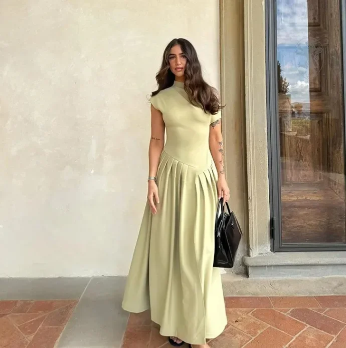 Women Elegant Green Pleated Dress Fashion O Neck Short Sleeve Patchwork Long Dresses 2026 New Casual Office Lady Streetwear