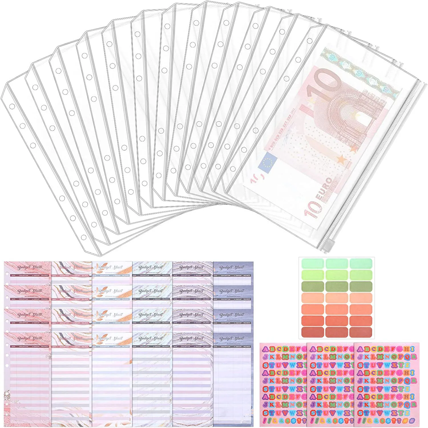 

A6 Clear Plastic Cash Envelopes Binder Pockets,Budget Sheets and Self-Adhesive Letter Stickers Labels for Money Saving Budgeting