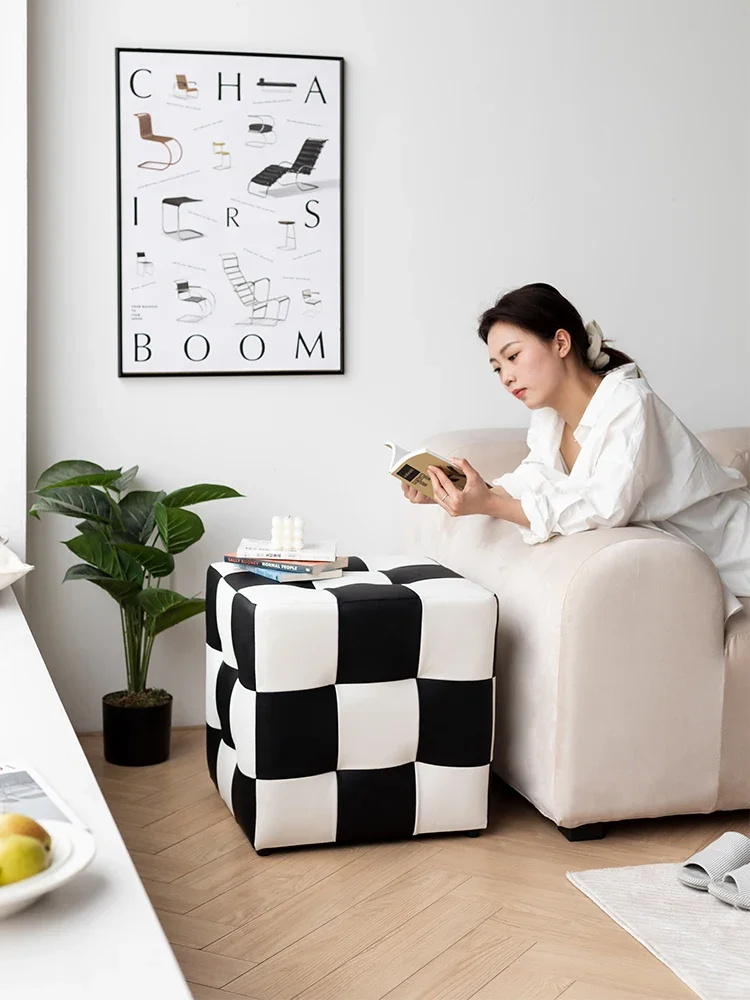 Checkerboard stool, shoe changing stool, home doorway sofa stool, black and white checkered makeup