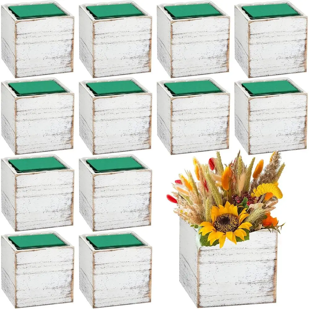 

Dandat 12 Sets Wooden Cube Planter Boxes or Centerpiece 4 Inch lower White Wood Rustic Square Vase with Removable Plastic Liner