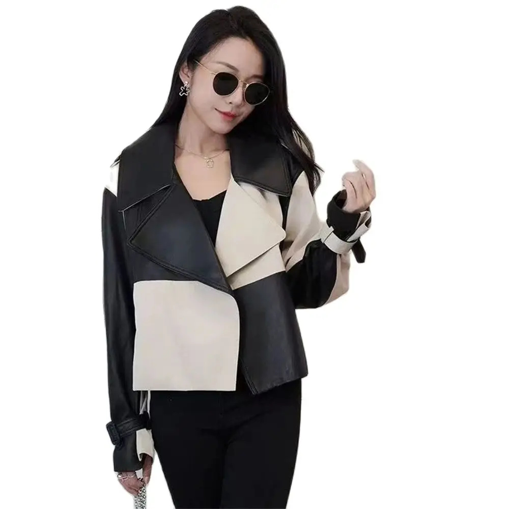 Pu Outerwear Black White Check Splice Leather Jacket Women\'S Coat Tops 2024 New Spring Autumn Korean Casual Pu Coats Street