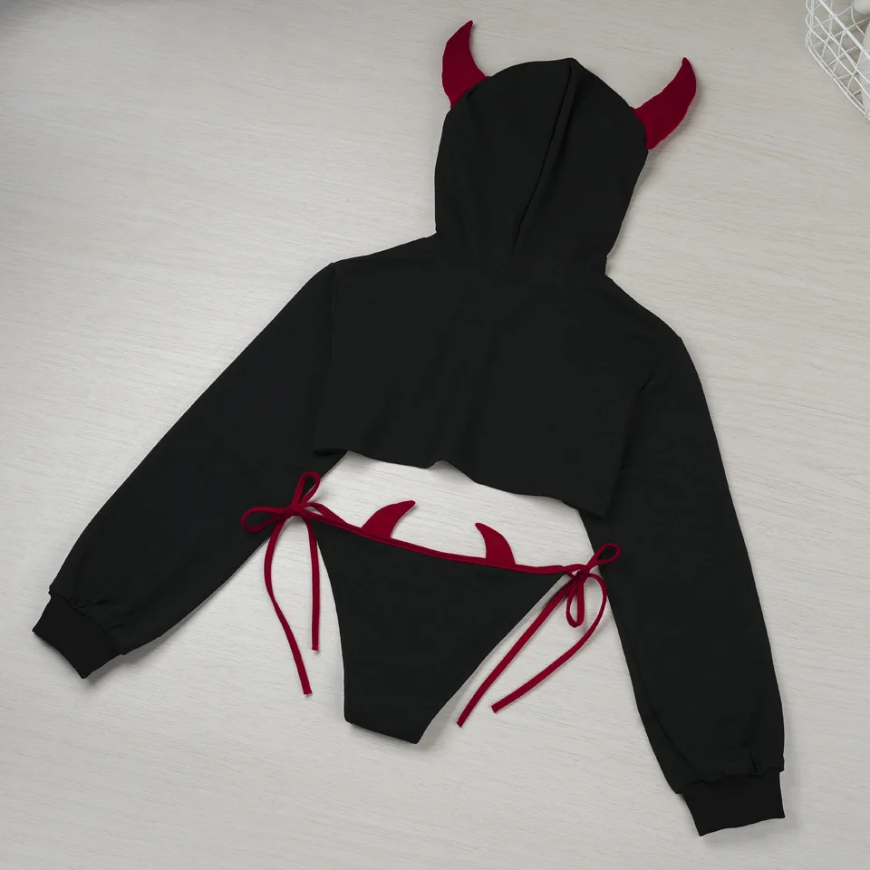 Anime Spiel Dämon Königreich Mädchen Unterwäsche Teufel Kleine Elfe Kleidung Halloween Uniform Mit Kapuze Horn Umhang Outfits Cosplay Kostüm