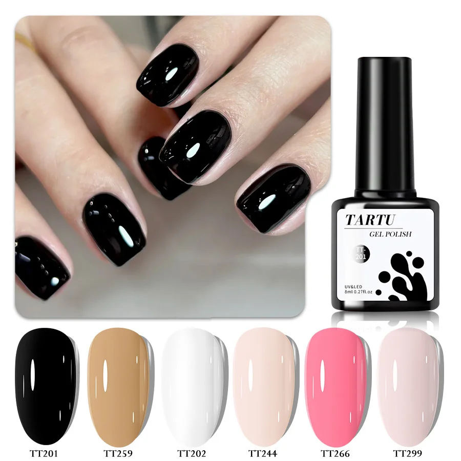 

TARTU 6 pieces 8ml black, white, pink, brown solid color nail polish set combination can be soaked in UV/LED DIY gift for girls