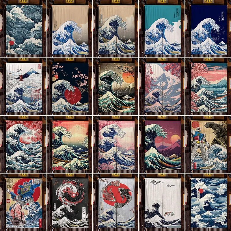 Japanese Linen Partition Door Head Curtain Signboard Restaurant Hanging Flag Curtain Teahouse Fuji Waves Short Curtains Decor