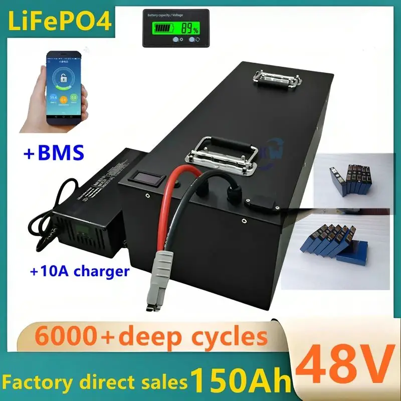 

48V 150AH Lifepo4 Waterproof Battery with Bluetooth BMS f4800W-11KW Scooter Bike Golf Cart Solar Energy System including Charger