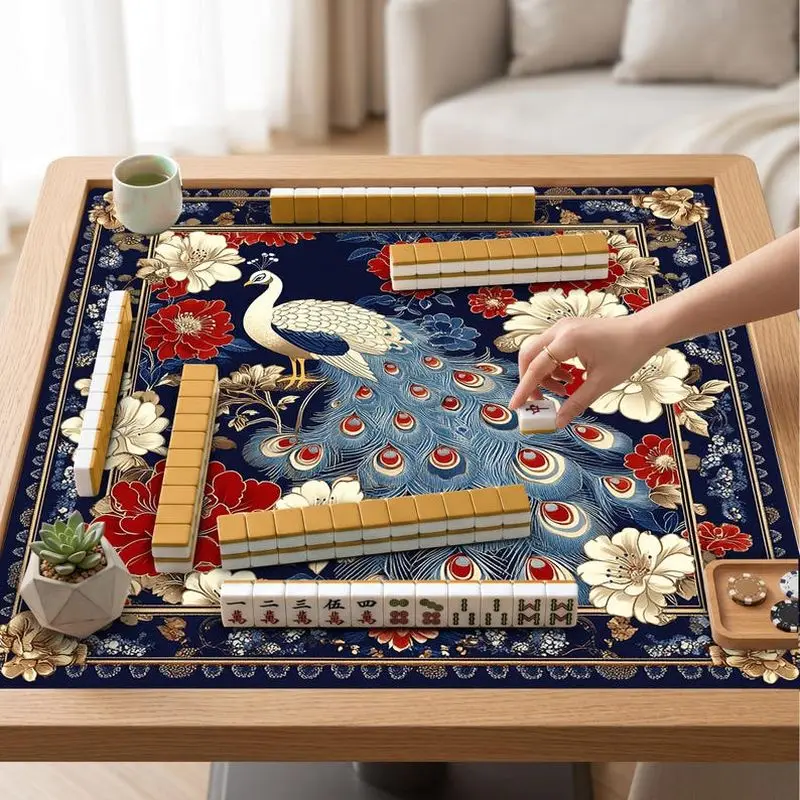 VIKAMA Peony Peacock Chinese Mahjong Mat Thick Soundproof Non Slip Pad Mahjong Poker Domino Desktop Cover
