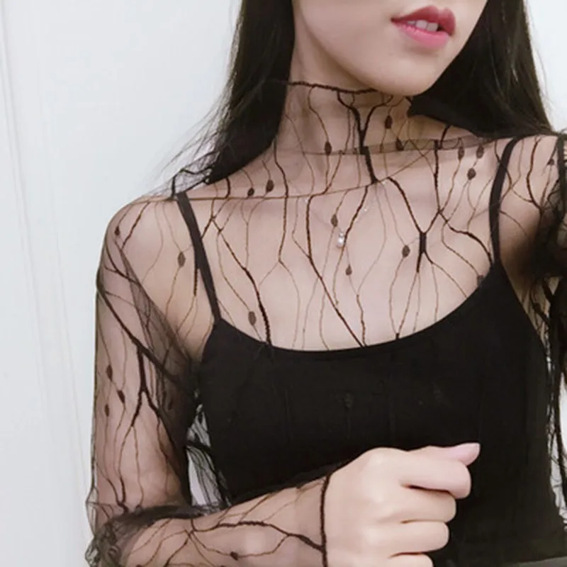 Women Lace Floral T Shirt Transparent Mesh Ladies Tops Sheer Blouses Autumn See-Through Turtleneck Black Long Sleeve T shirt