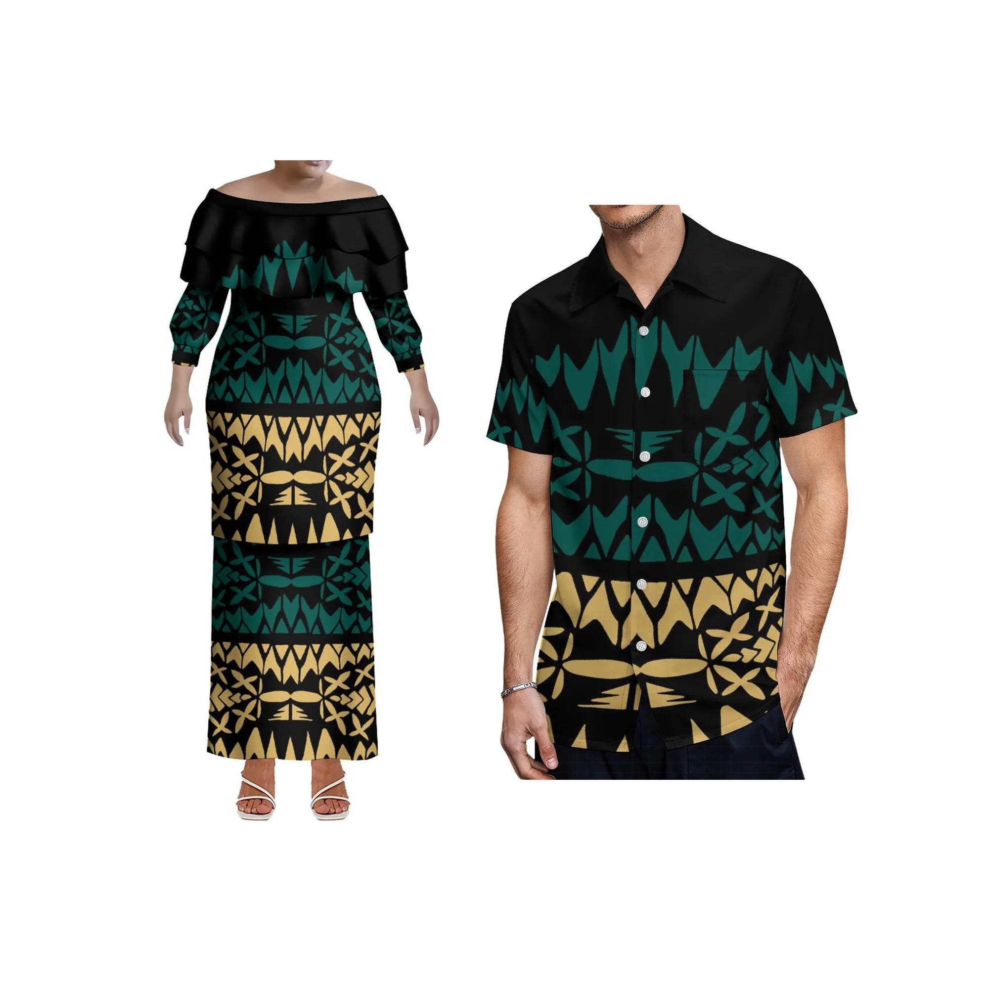 2025 novo estilo design personalizado fora do ombro xale vestido samoa puletasi vestido plus size feminino dupla camada babado vestido 2 peças