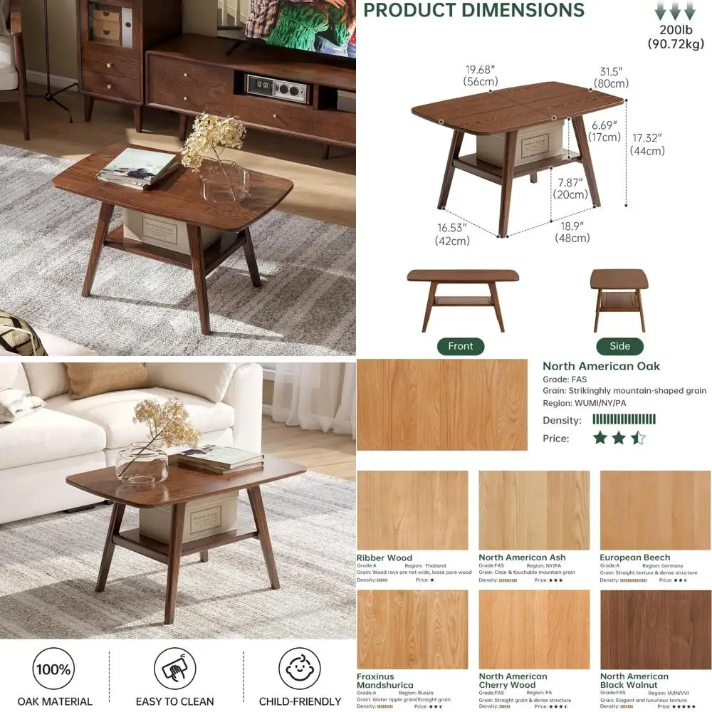 

Современный журнальный столик из цельного дерева середины века с полкой для хранения вещей для гостиной, маленький размер 31,5 дюйма