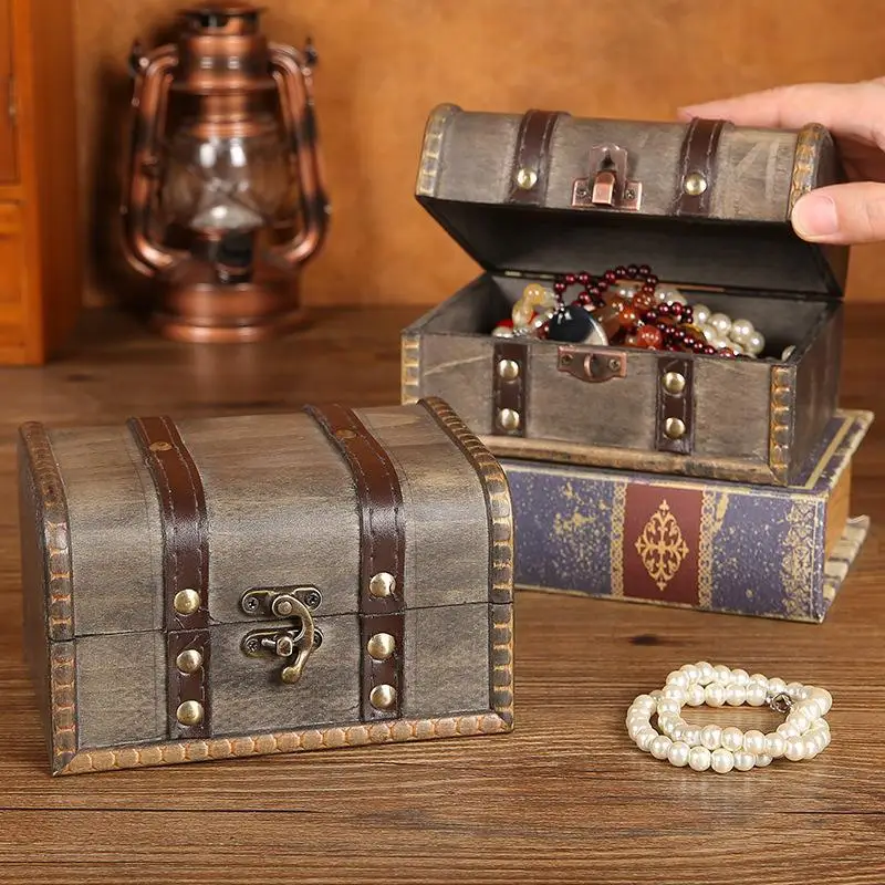 Retro Wooden Storage Box with Lock Handmade Decorative Jewelry Organizer for Necklace Postcard Keepsake Gift for Friends - view 3