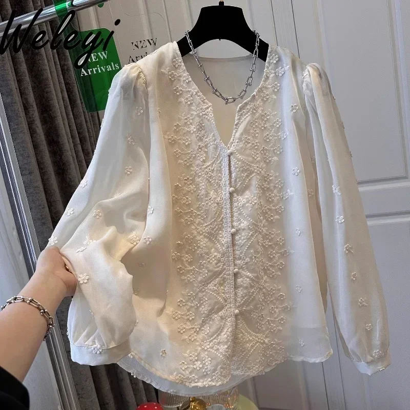 High-end Ladies Off-white Hook-up Chiffon Shirt 2024 Spring New Women's V-neck Top Elegant Long Bubble Sleeve Blouse Women 2024