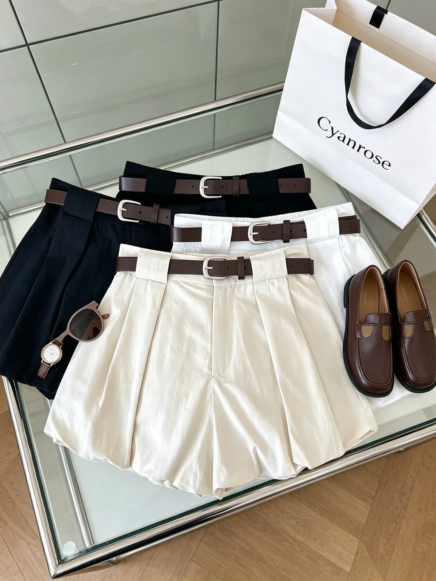 Women's White Wide Leg Mini Shorts Y2K Gyaru Vintage Micro Puff Shorts High Waist Loose Casual Hot Pants With Belt Summer 2026