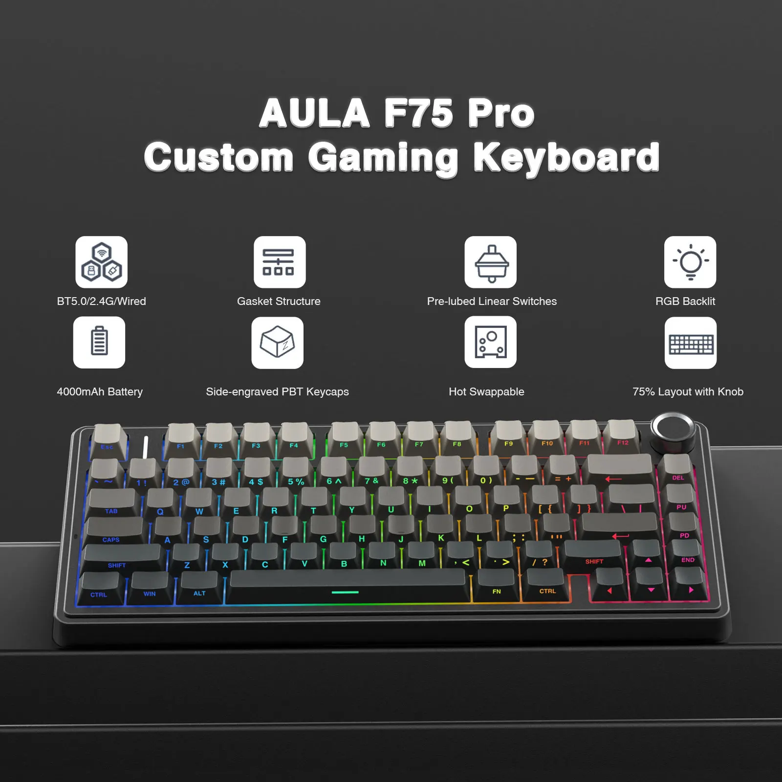 AULA F75 Pro 개스킷 무선 게이밍 기계식 키보드, RGB 커스터마이징 75% 레이아웃, 측면 각인 PBT 키캡