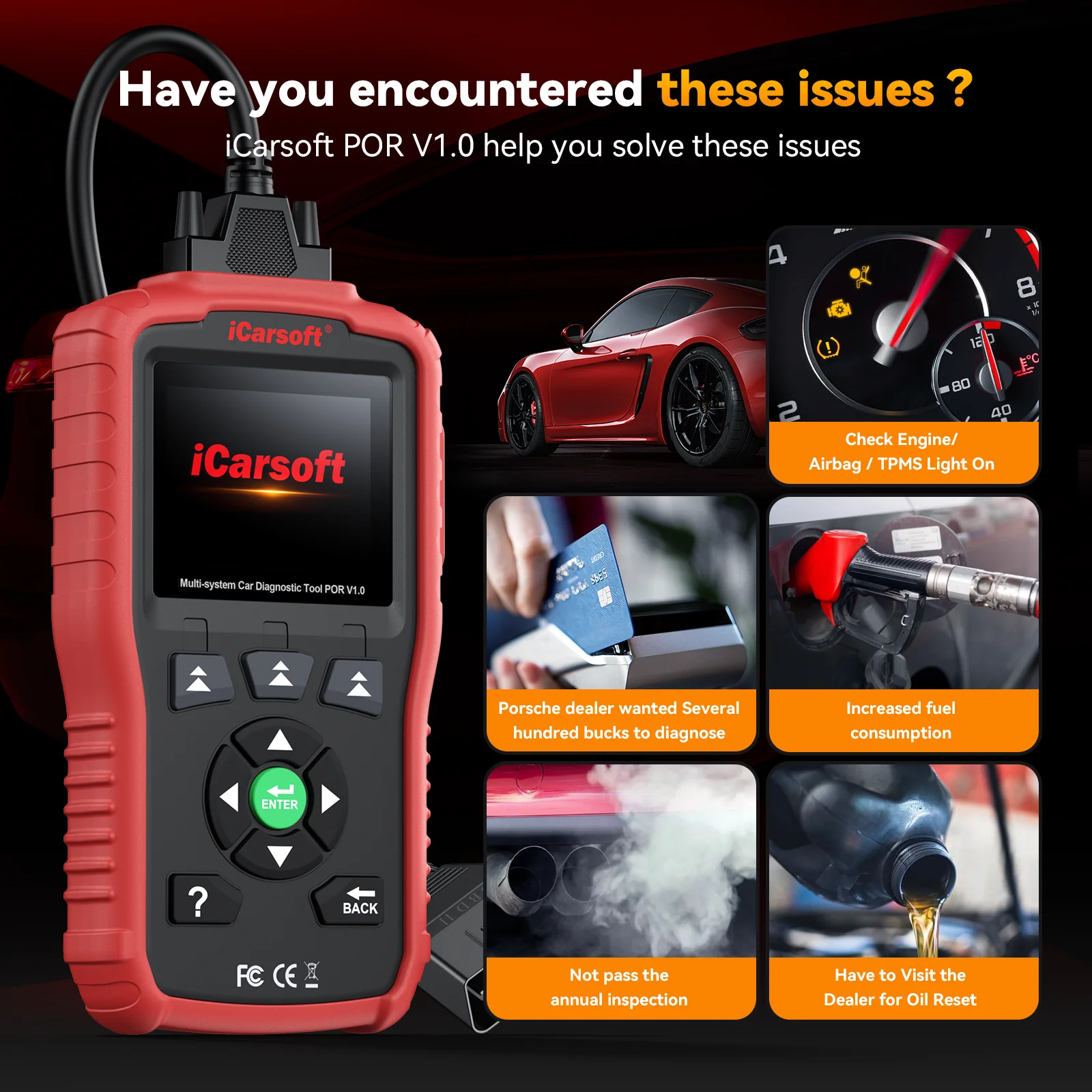 iCarsoft POR V1.0 OBD2 Scanner All System Diagnostic Tool for Porsche/Macan Oil Reset SAS Check Engine Light I/M Readiness