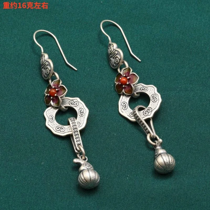 Langyan 925 Sterling Silver Small Drop Earrings for Women Gilrs Vintage Ethnic Style Flower Lion Agate Jade Lotus Earrings EH260