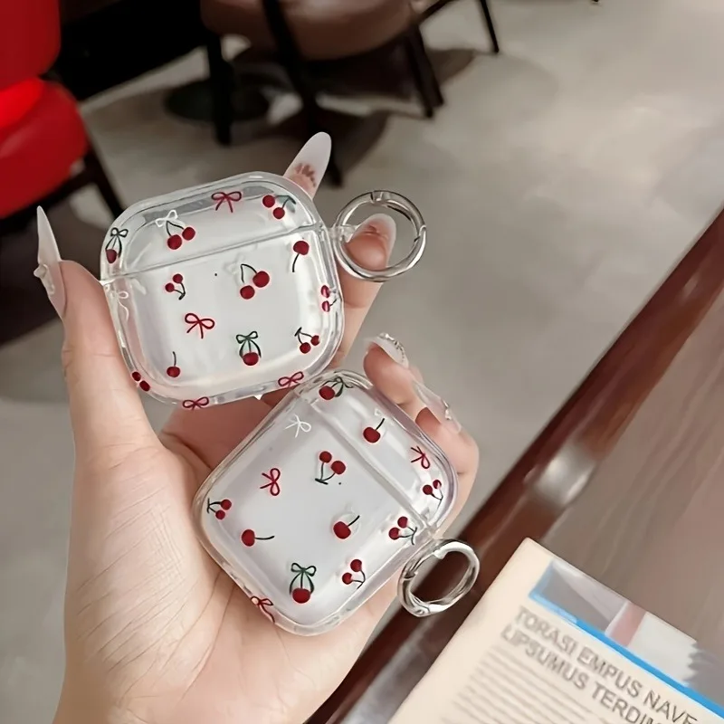 Cute Cherry Bow Earphone Case for Apple AirPods 1/2/3/4 Shockproof Earbud Cover for AirPods Pro3/Pro2/Pro Clear Protective Case