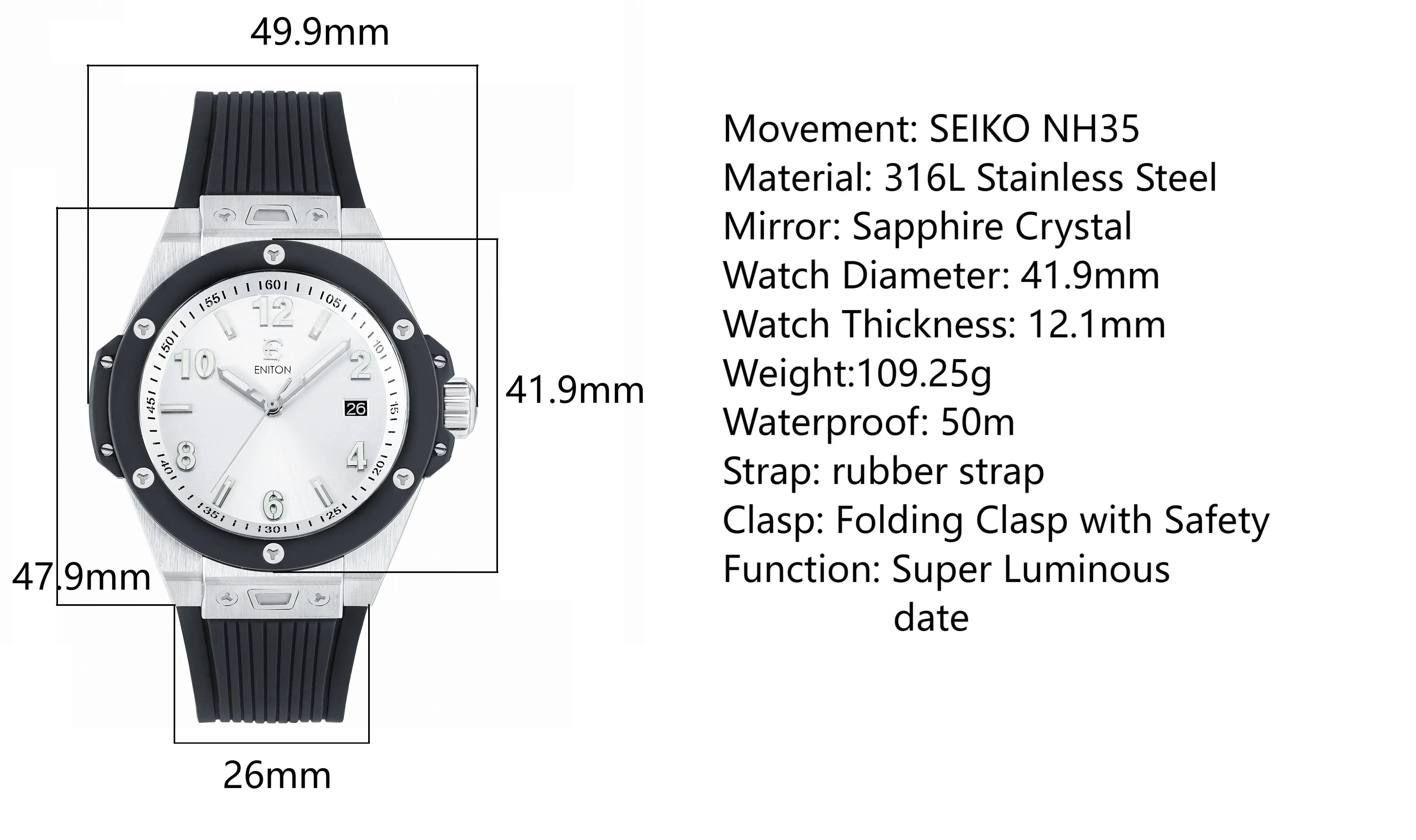 ENITON 42mm stainless steel night light business luxury NH35 watch waterproof man watches reloj hombre lujo alta gama