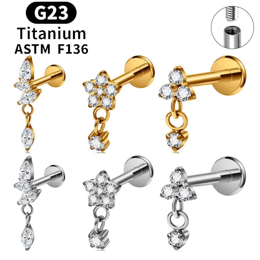 ASTM F136 Titanium 16G CZ Drape Chain Flat Back Stud Flower Cartilage Earring Labret Lip EarLobe Tragus Helix Piercing Jewelry