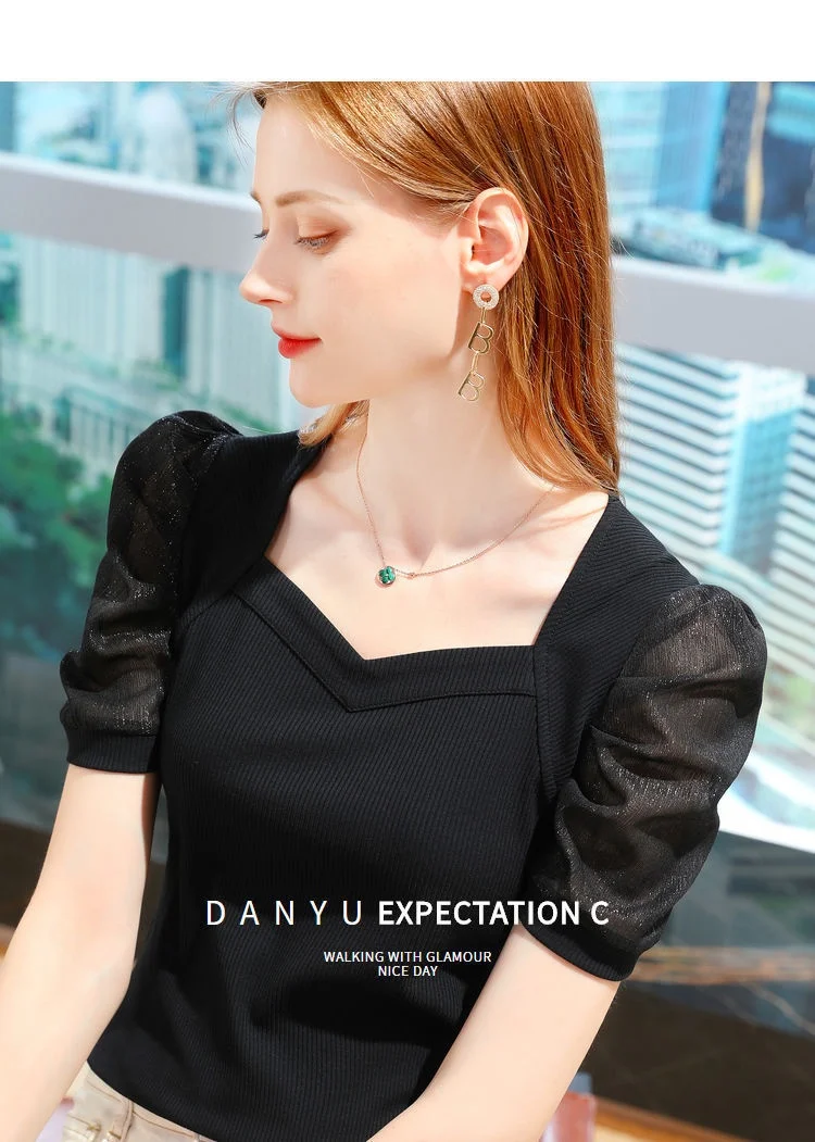 Elegante Damen-Bluse mit Sweetheart-Ausschnitt und Puffärmeln, Blaue Gerippte Figurbetonte Kurzarm-Bluse, Lässiges T-Shirt für Büro und Alltag – Detail 1