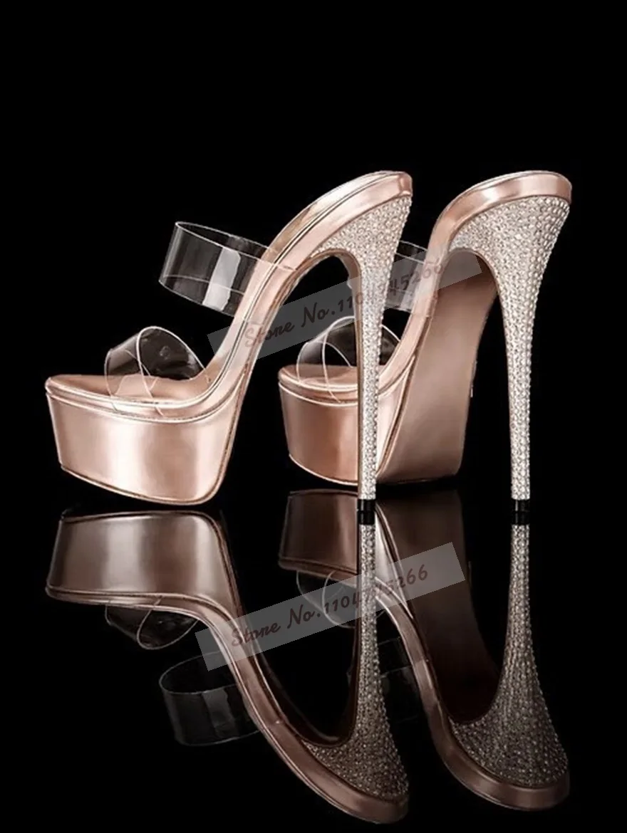 

Bling Bling Silver Crystal Stiletto Heel Platform Mules Clear Pvc Patchwork Outside Modern Slippers Slip-On Glittering Sheos