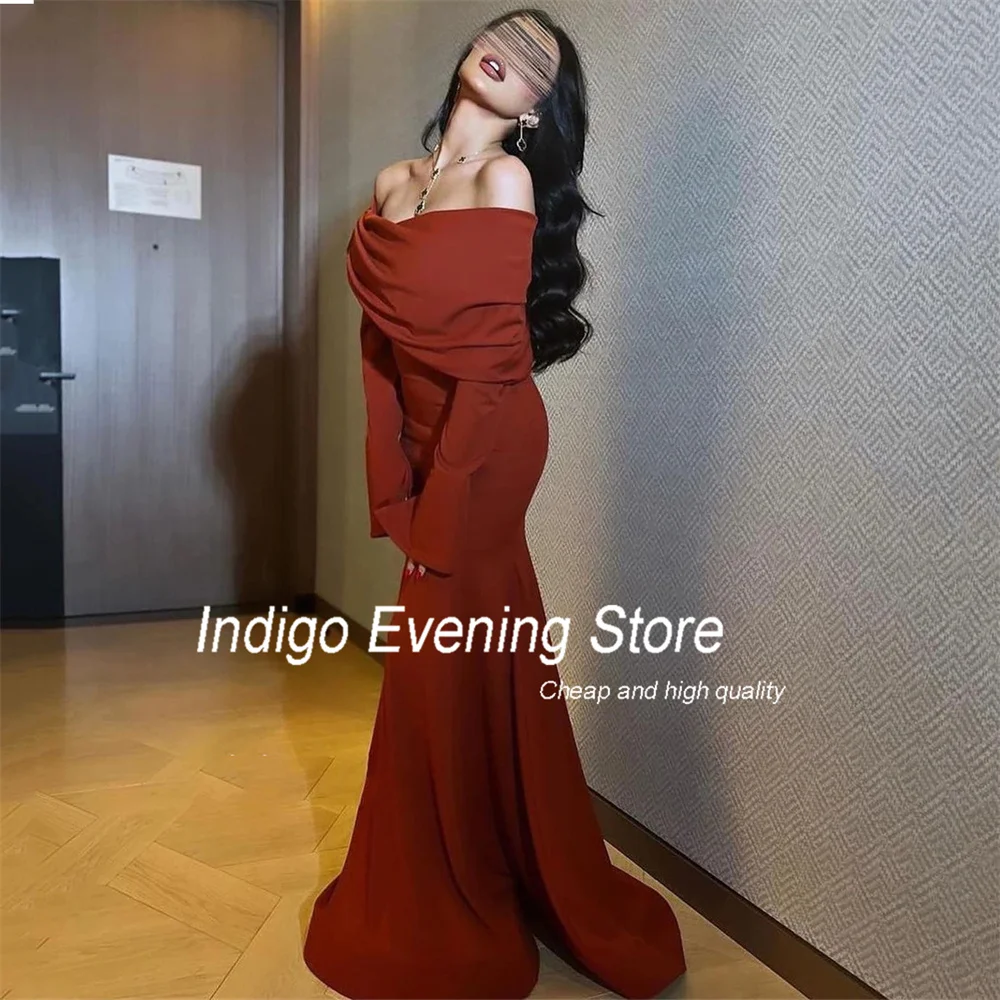 Indigo Prom Dress Mermaid Long Sleeve Off The Shoulder Pleat Open Back Simple Strapless Evening Gown Women فساتين الس Customized