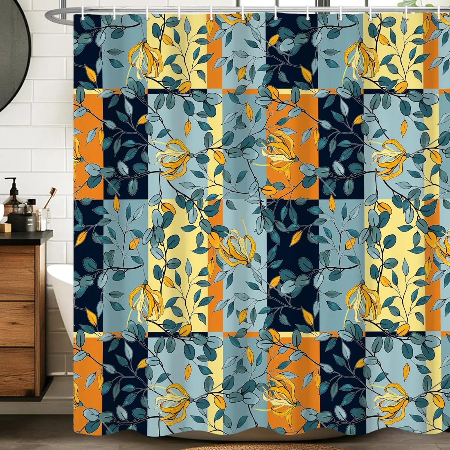 

Клетчатая шторка для душа с узором из желтых цветов и синих листьев, яркий декор в стиле бохо для ванной комнаты и жилых помещений