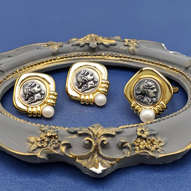 ABLES شيك عملة رومانية الصلبة 925 خاتم فضة العقيق معلمة اليونانية 18K الذهب لهجة عملة نسخة العتيقة خواتم خمر للنساء الرجال #3