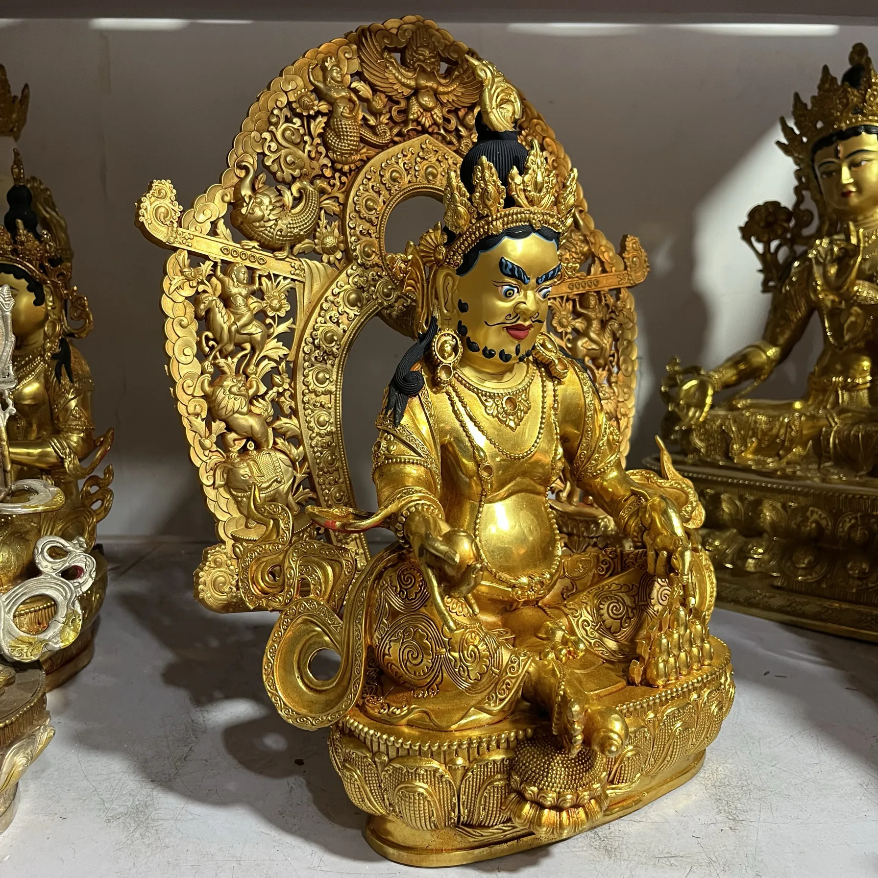 10 inch Yellow God of Wealth Xizang Craft Tibetan Tantra Copper Gilt Backlit Buddha Statue Ornament Buddhist Hall Household Budd
