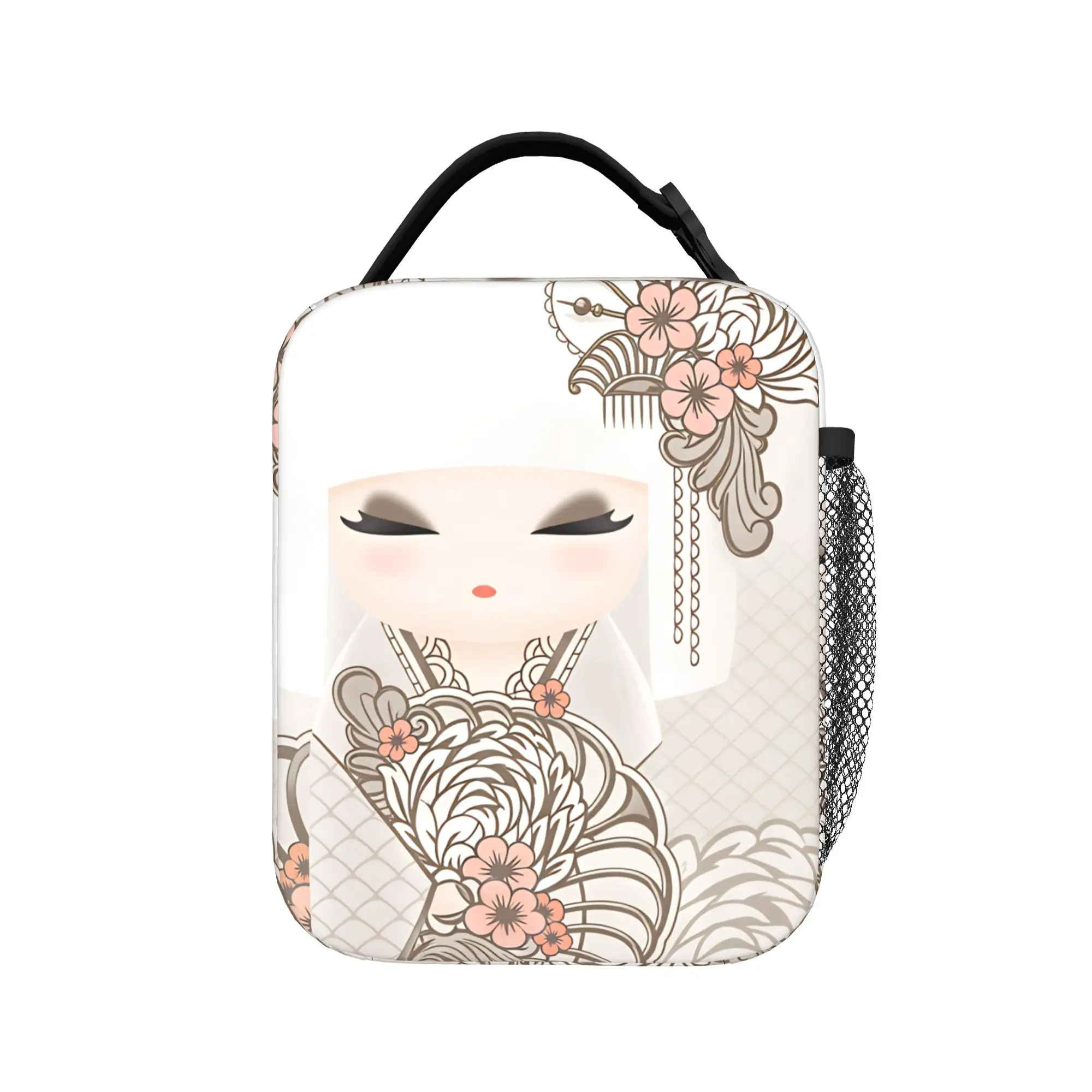Japanese Girl Sakura Kokeshi Doll Lunch Bag  Picnic Lunch Box For Unisex Design Thermal Lunch Bags Oxford Portable Cooler Bag