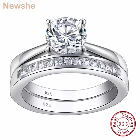 Newshe Solid 925 Silver Engagement Ring Wedding Band Fine Jewelry Luxury Solitaire Round Cubic Zircon Imitation Diamond Rings