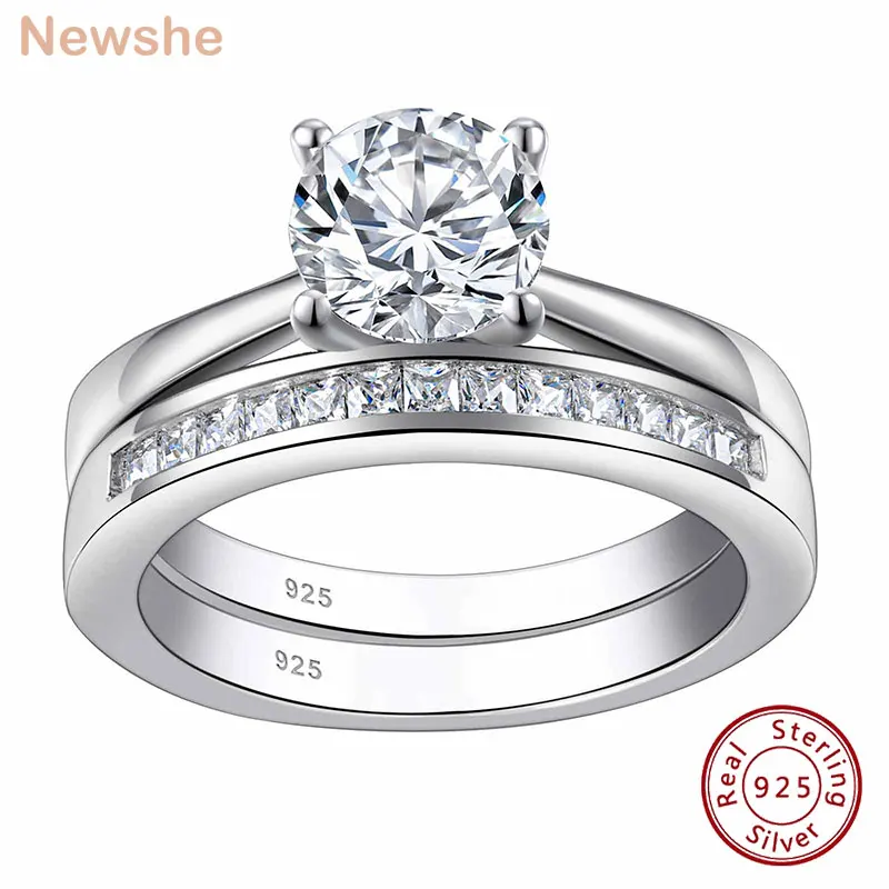 Luxury 925 Silver Engagement Ring Wedding Band Set