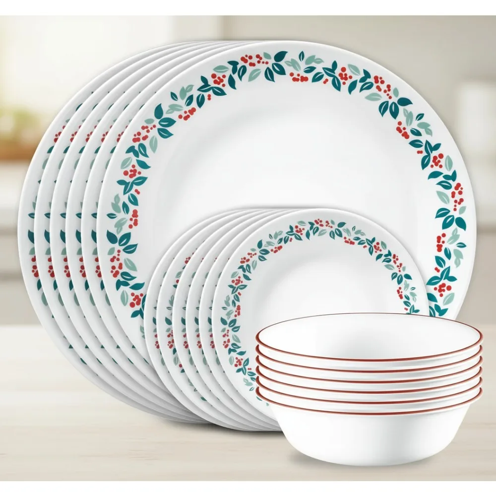 

18-Piece Christmas Dinnerware Set for 6, Triple-Layer Chip-Resistant Glass Plates & Bowls, Lightweight Holiday Tableware