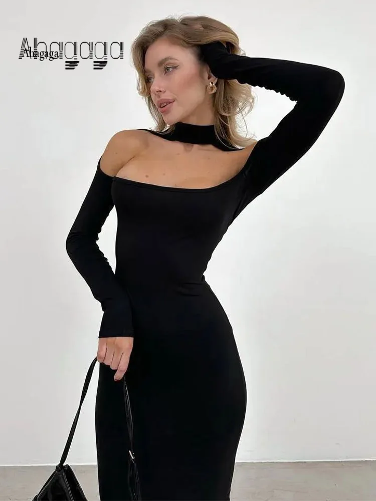 

Ahagaga Fashion Sheath Women's Maxi Dresses Solid Hollow Out Slim Turtleneck Regular Long Sleeves Bodycon Female Vestidos Robes