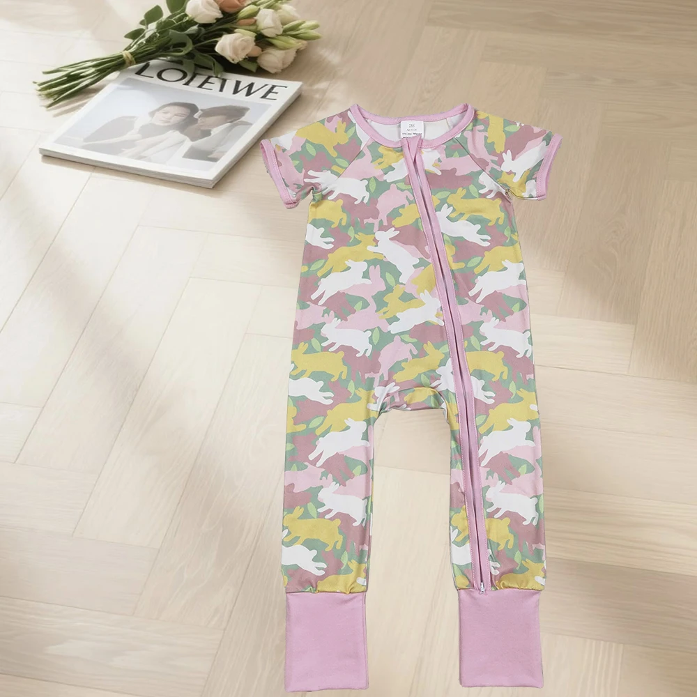 NEW RTS Baby Girls Rabbits Camo Easter Two Way Zip Convertible Rompers
