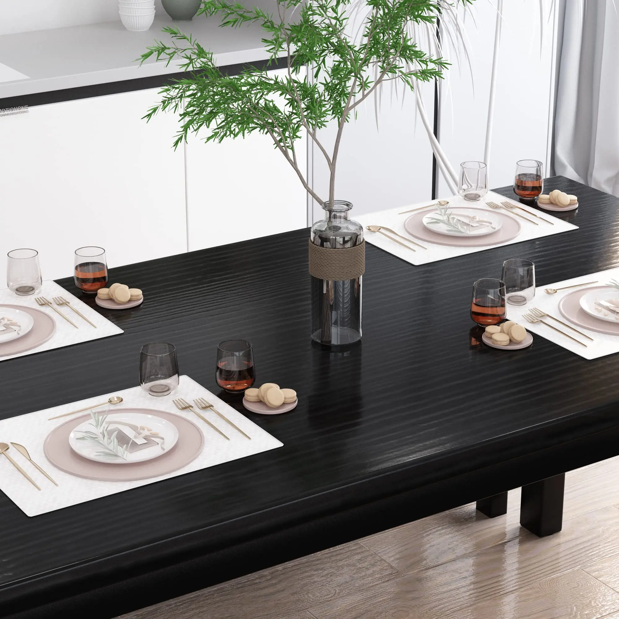 Modern three-piece dining table set kitchen dining table with two benches metal frame and pantry paneling