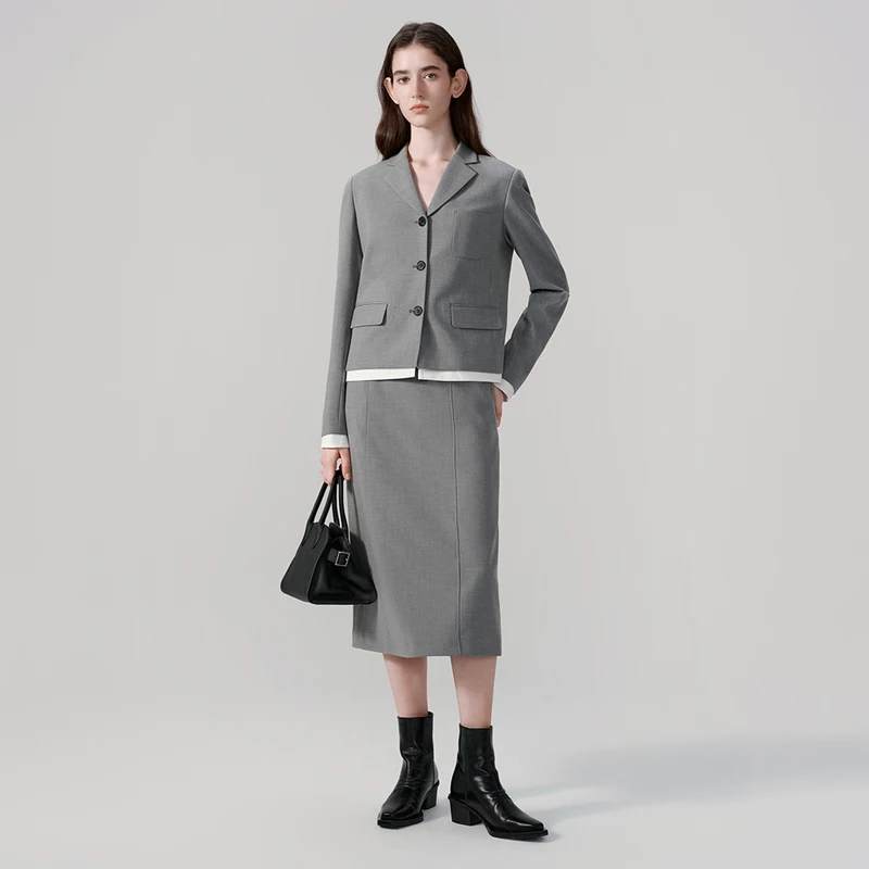 Allingentle Grey Skirt Suit Women's 2 Piece Set Flat Collar Jacket Fashion Women Skirtsuit Set for Casual Outfits Customize