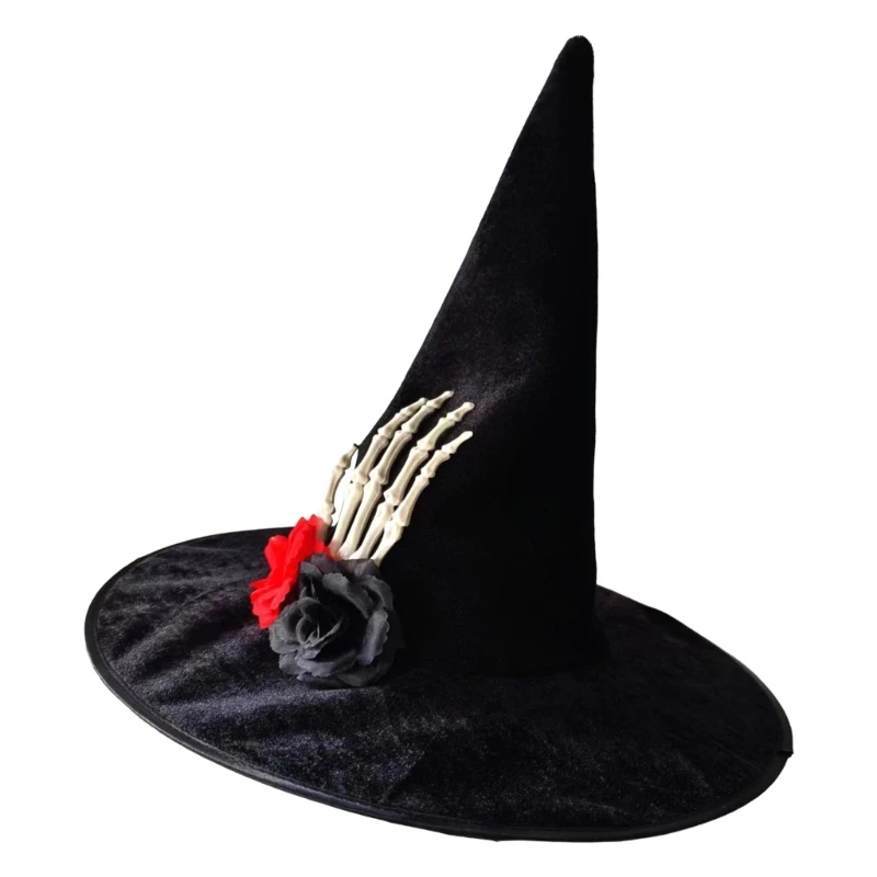 Comfortable Witch Hat with Skull Hand Rose Applique for Halloween Headpieces School Performances Carnivals Party Costume