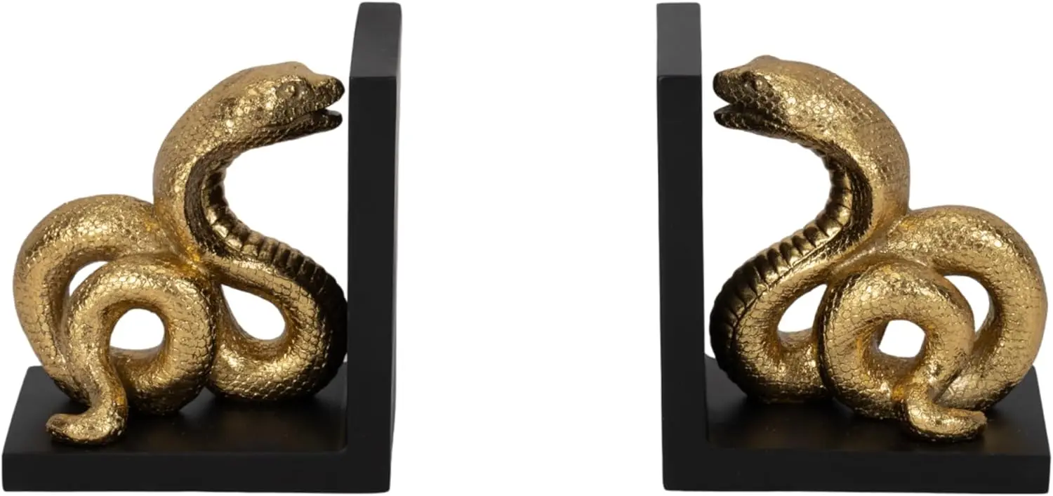 

Elegant 6-Inch Polyresin Snake Bookends in Striking Gold and Black