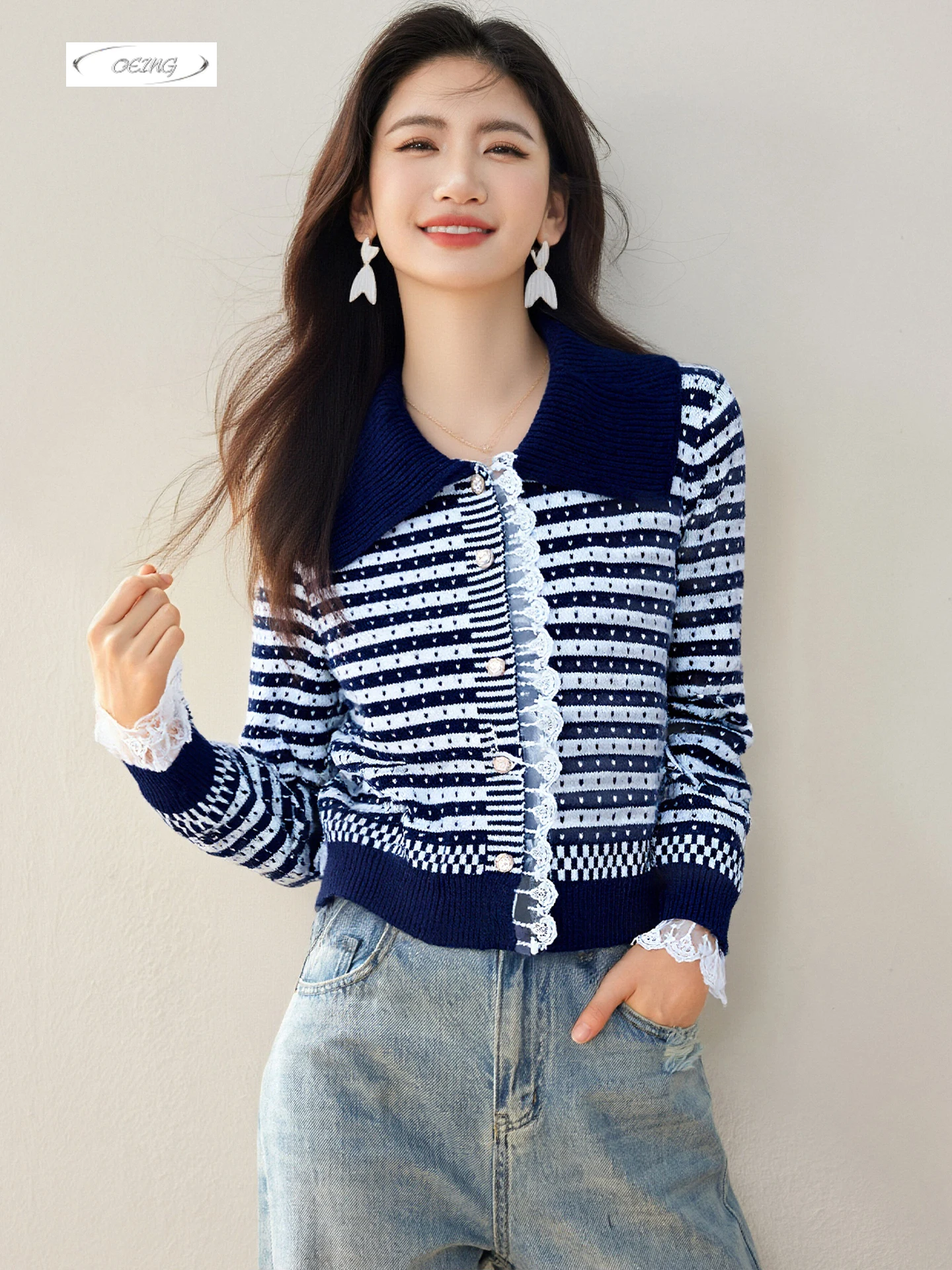 

Вязаная рубашка с кружевными лацканами, женский свитер, топ, осень-зима, однобортный элегантный шикарный полосатый кардиган с длинными рукавами 9726