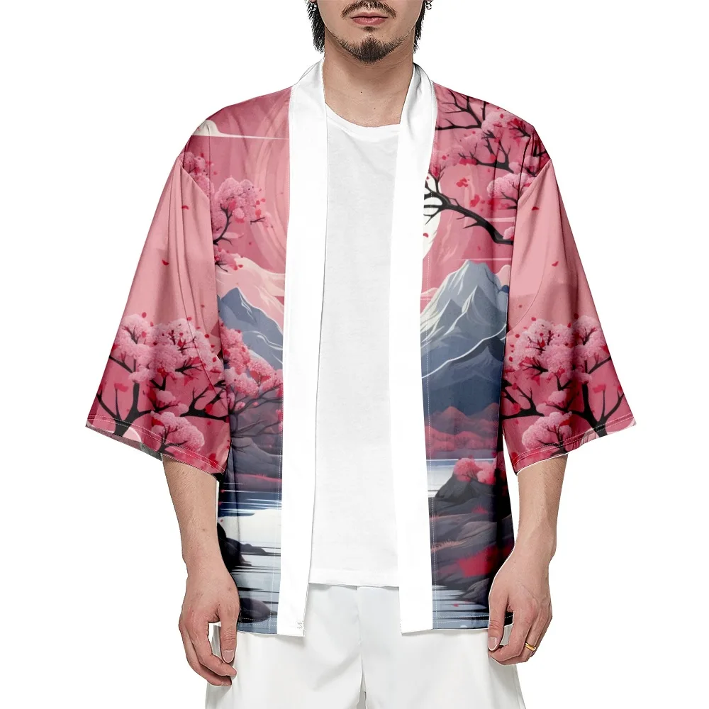 Pink Print Vintage Style Cardigan Haori Shirts Women Men Cosplay Yukata Clothing Harajuku Kimono Plus Size 6XL 5XL 4XL