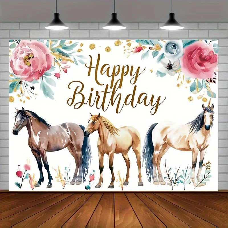 Alles Gute zum Geburtstag Pferd Hintergrund Aquarell Blumen, westliche Cowgirl Fotografie Hintergrund dekoriert Banner Studio Fotoshooting