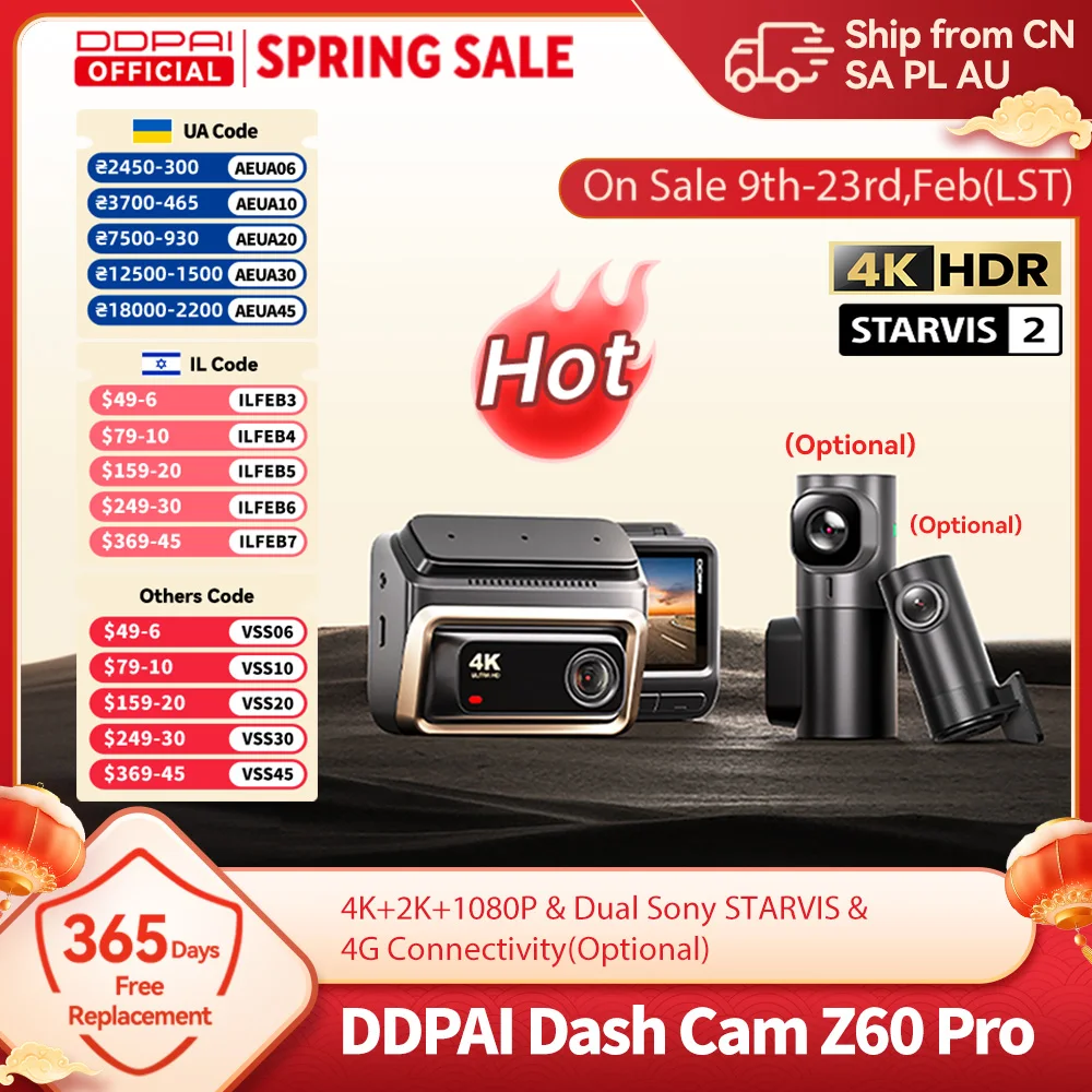 2025 New DDPAI 4K Dash Cam Z60 Pro Support Rear and Interior Car Camera SONY STARVIS2 678 Sensor  5GHz Wi-Fi ADAS 4G DVR