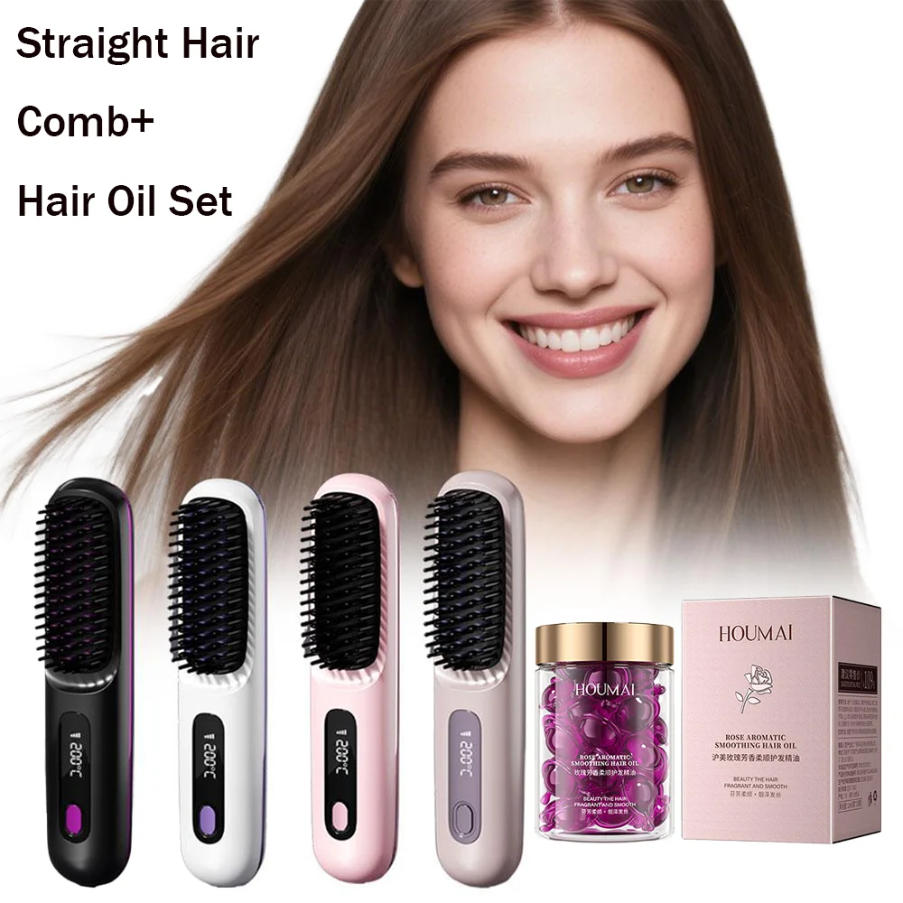Rose Scented Hair Care Essential Oil & Wireless Negative Ion Straight Comb - Long-Lasting Nourishing Hair Care Set Styling Groom